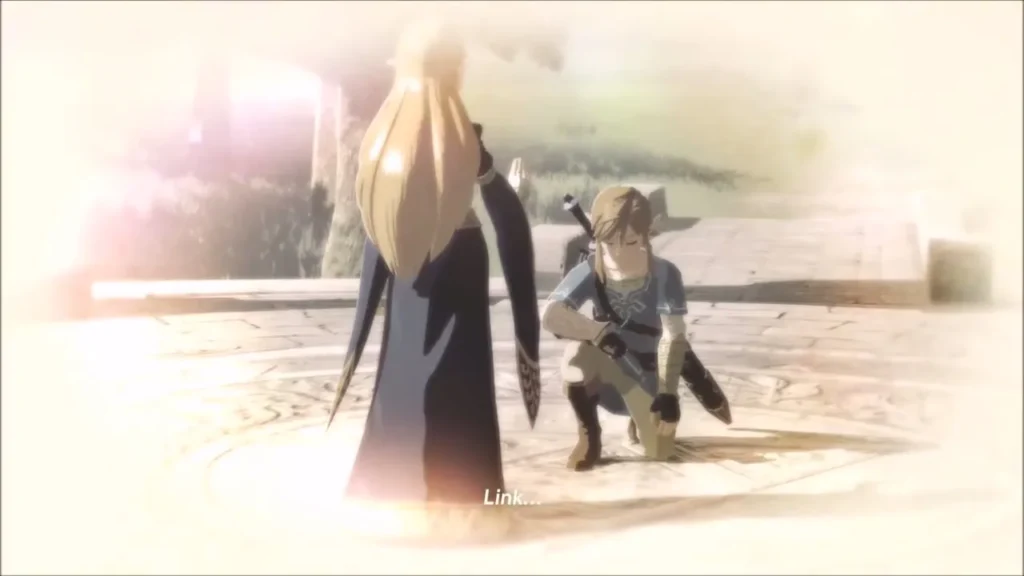 Zelda and kneeling Link in the memory that plays as Link nears the Master Sword
