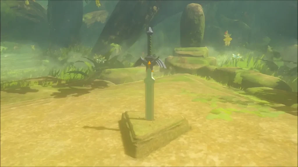 The Master Sword standing in its mossy pedestal in a clearing of Korok Forest