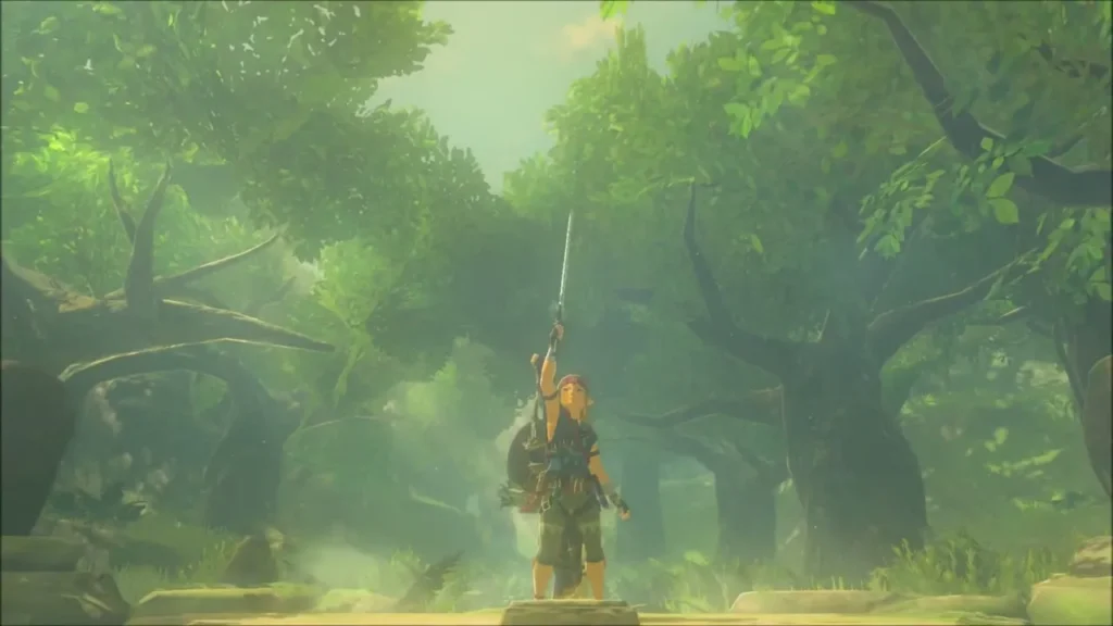 Link holding the freed Master Sword high among the trees of Korok Forest