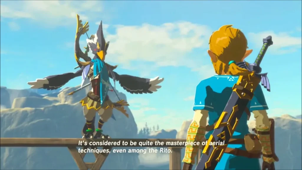 Revali spreading his wings on the railing as Link listens Revali spreading his wings on the railing as Link listens