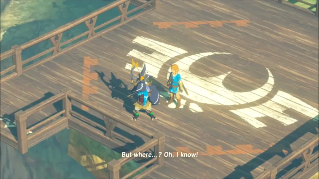 Revali and Link standing together on the landing platform Revali and Link standing together on the landing platform