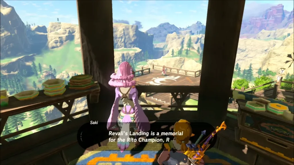 Saki pointing out Revali's Landing, a memorial for the Rito Champion Saki pointing out Revali's Landing, a memorial for the Rito Champion