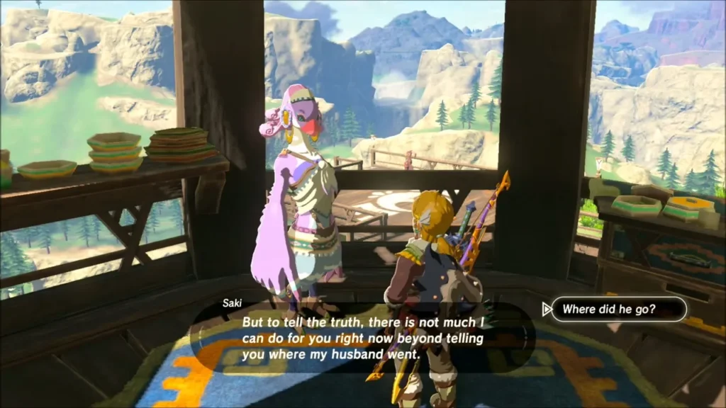 Saki at her window offering to tell Link where her husband went Saki at her window offering to tell Link where her husband went