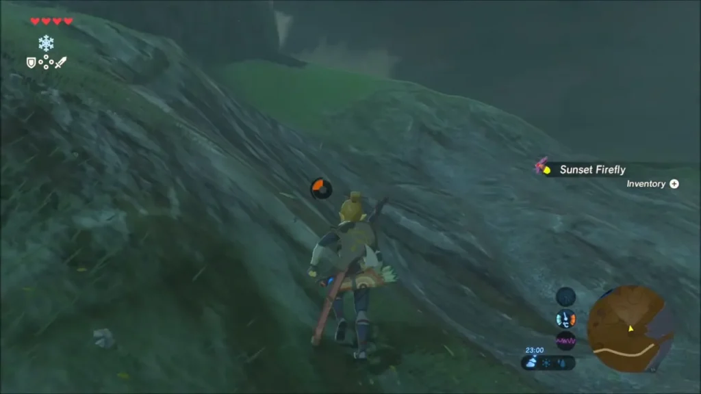 Link climbing a rocky ridge on the bank toward the memory spot Link climbing a rocky ridge on the bank toward the memory spot