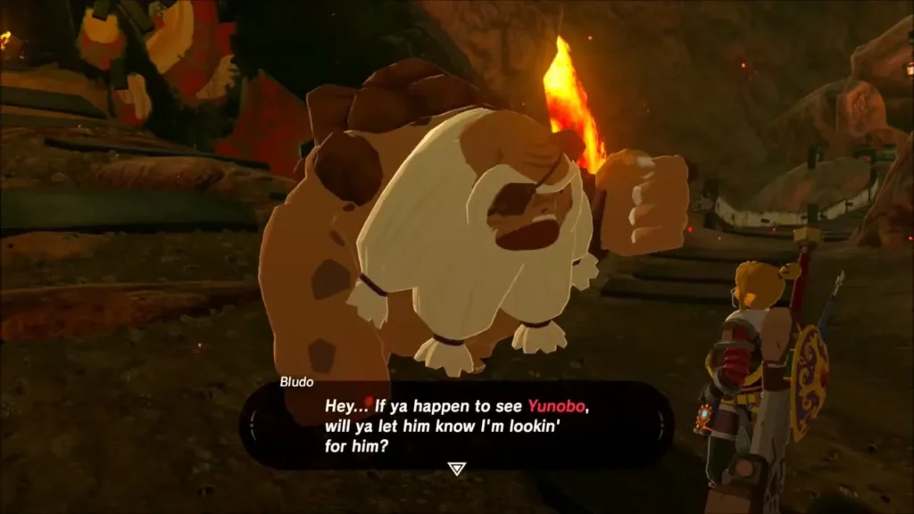 Bludo asking Link to find his assistant Yunobo Bludo asking Link to find his assistant Yunobo
