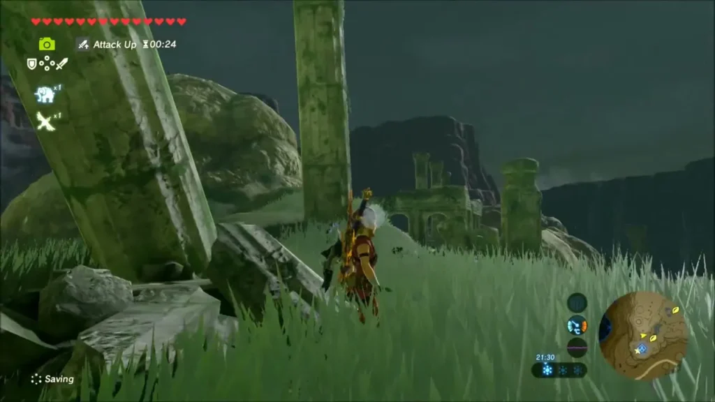 Link on the slope beside fallen stone columns with ruins ahead