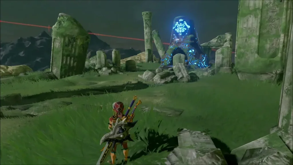 Glowing shrine standing among ruined columns as Link approaches