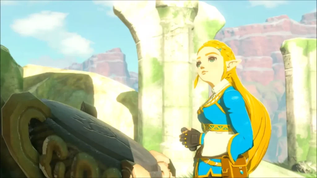 Zelda standing beside a stone chest among pale ruined columns