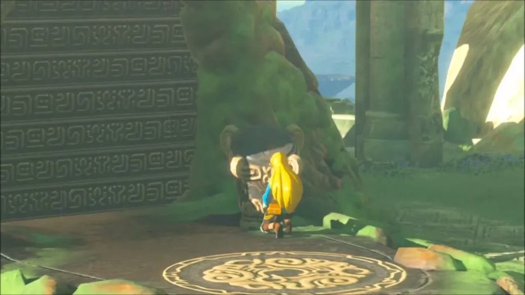 Zelda in the memory cutscene stepping toward a mossy ruin entrance