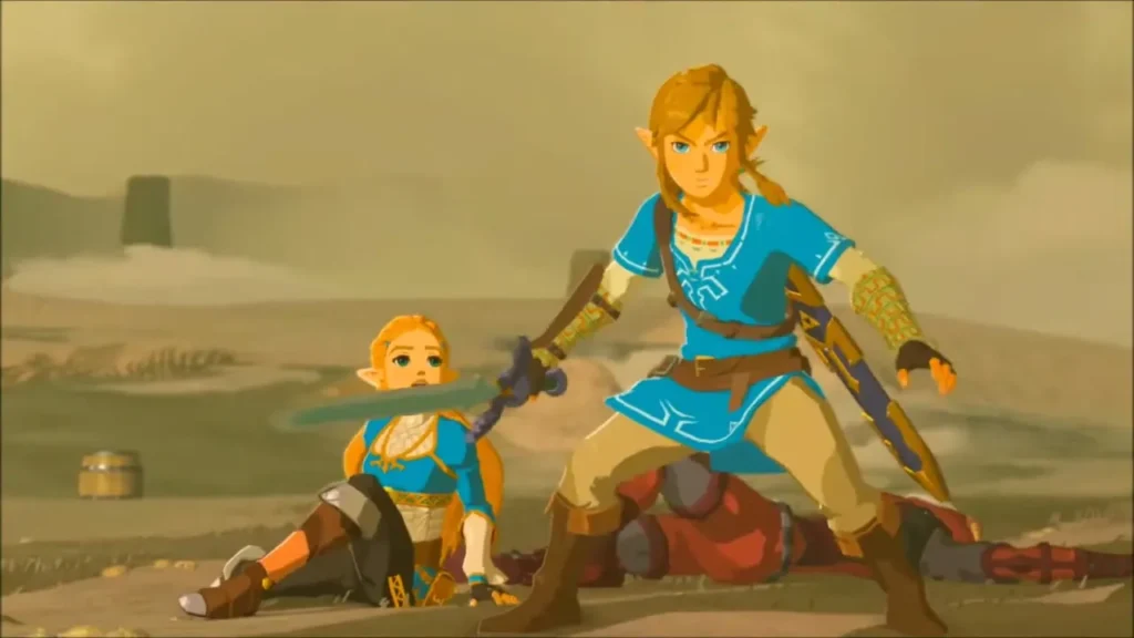 Link standing over Zelda with his sword drawn Link standing over Zelda with his sword drawn