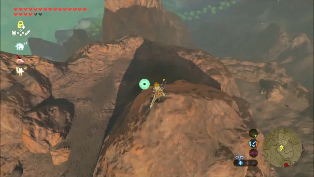 Link climbing a steep rock with the green stamina wheel showing Link climbing a steep rock with the green stamina wheel showing