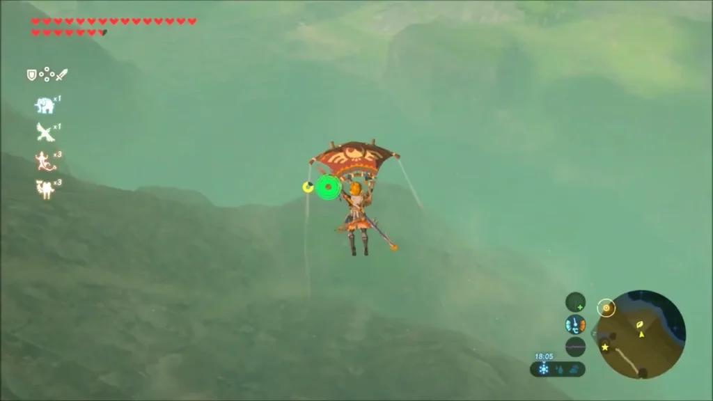 Link gliding down over green hills toward the plains Link gliding down over green hills toward the plains