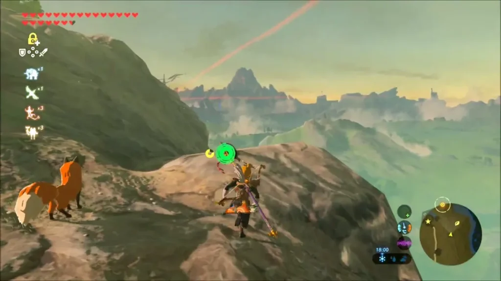 Link on a cliff edge above Hyrule Field with Hyrule Castle far to the north Link on a cliff edge above Hyrule Field with Hyrule Castle far to the north