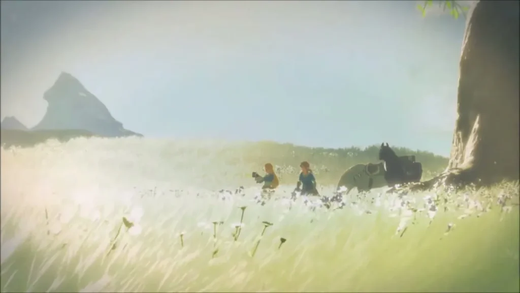Memory cutscene of Zelda and Link in a sunlit flower meadow by the tree Memory cutscene of Zelda and Link in a sunlit flower meadow by the tree