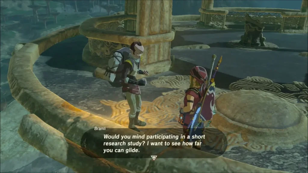 Branli at the top of the tower asking Link to join his research study