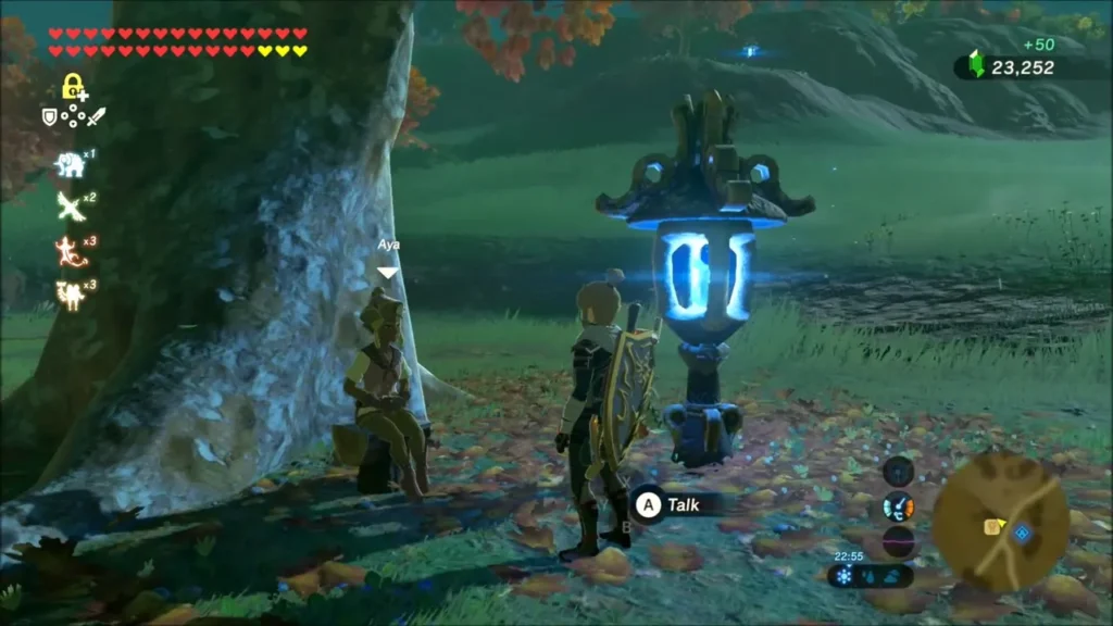 Link beside the blue-lit lantern with Aya after finishing in time Link beside the blue-lit lantern with Aya after finishing in time