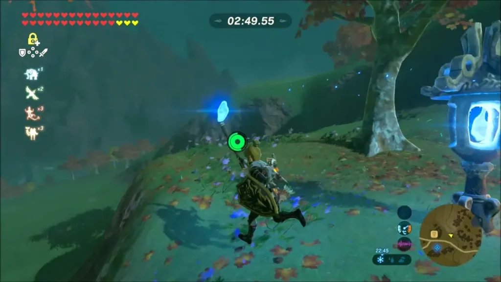 Link reaching a torch toward the blue-flame lantern with the timer running Link reaching a torch toward the blue-flame lantern with the timer running