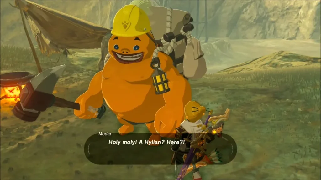 Modar the orange Goron greeting Link beside his camp and a hammer Modar the orange Goron greeting Link beside his camp and a hammer