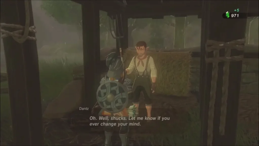 Dantz paying Link rupees at his shed after the hunt Dantz paying Link rupees at his shed after the hunt