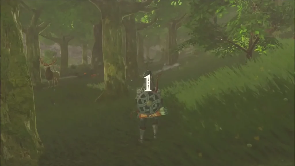 Link sneaking through Retsam Forest toward a distant deer Link sneaking through Retsam Forest toward a distant deer