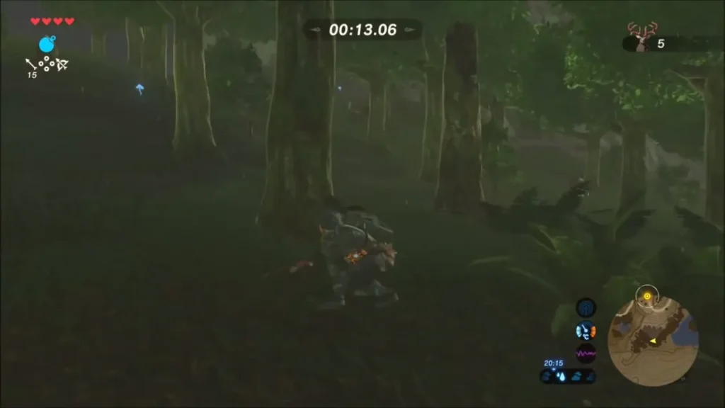 Link crouched in the dark forest with the hunt timer running Link crouched in the dark forest with the hunt timer running