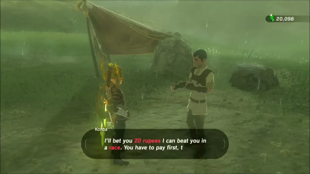 Link talking to Konba at his camp as he offers a 20-rupee race Link talking to Konba at his camp as he offers a 20-rupee race
