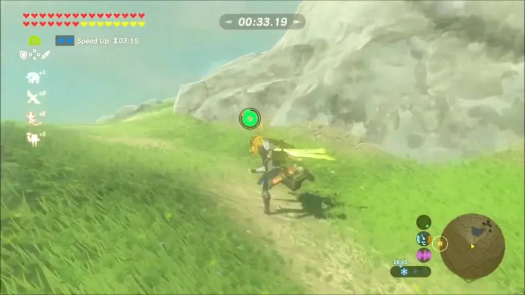Link running straight up a grassy slope toward the goal Link running straight up a grassy slope toward the goal