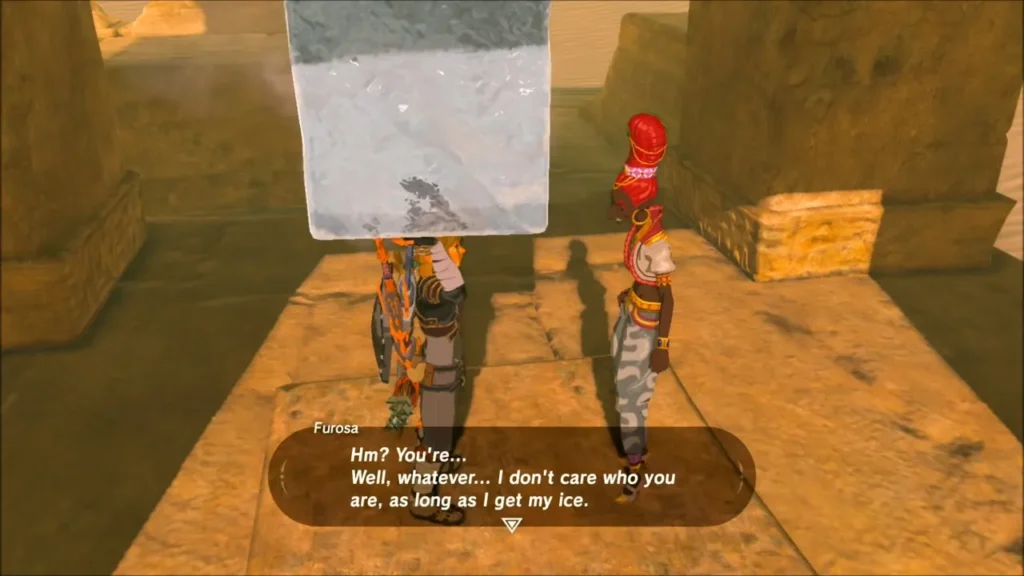 Link holding the ice block in front of Furosa at the ruins Link holding the ice block in front of Furosa at the ruins
