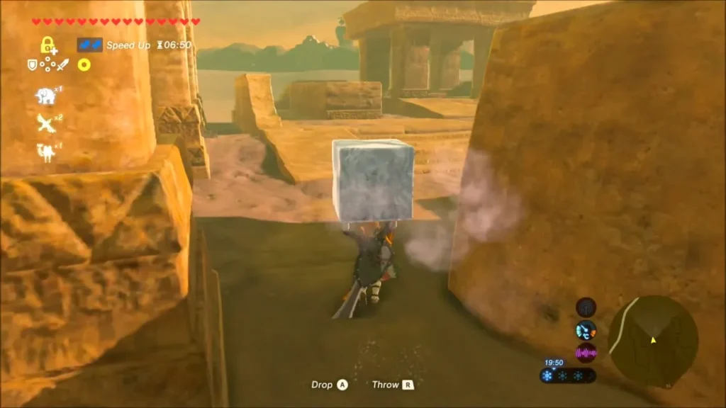 Link hurrying between ruin walls with the ice block steaming Link hurrying between ruin walls with the ice block steaming