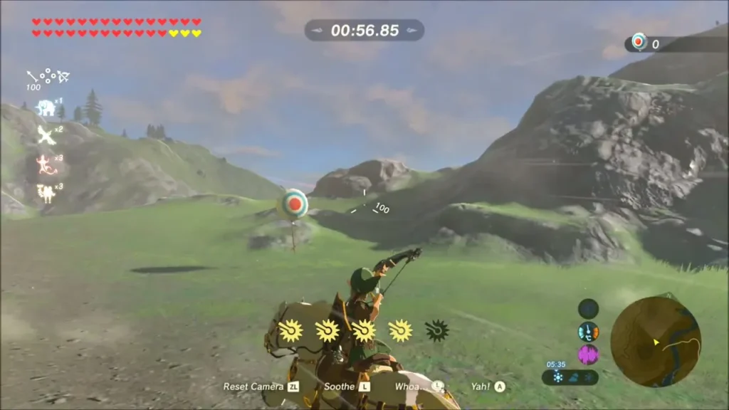 Link aiming a bow at a target from horseback with the timer running Link aiming a bow at a target from horseback with the timer running