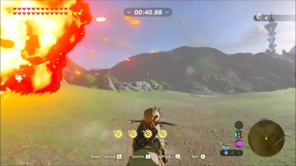 A bomb arrow explosion bursting across the course as Link rides on A bomb arrow explosion bursting across the course as Link rides on
