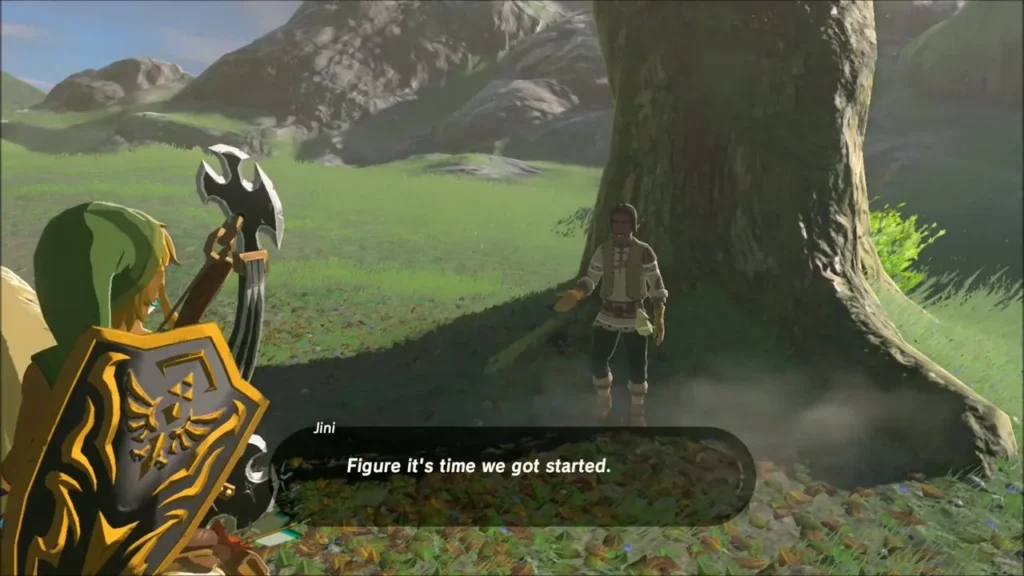 Jini under a tree telling Link it is time to get started Jini under a tree telling Link it is time to get started
