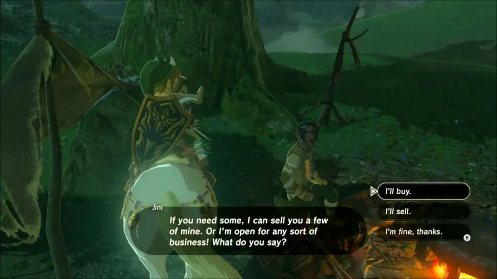 Link on horseback at Jini's camp being offered arrows to buy Link on horseback at Jini's camp being offered arrows to buy