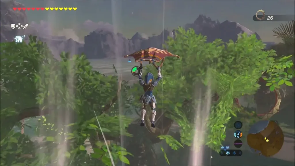 Link paragliding low through leafy trees with the stamina wheel showing Link paragliding low through leafy trees with the stamina wheel showing