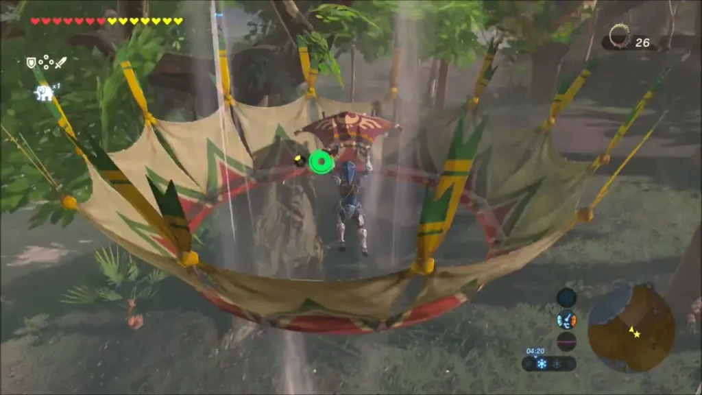 Link rising on an updraft inside a large banner-like ring Link rising on an updraft inside a large banner-like ring