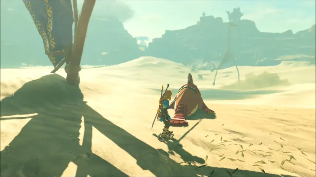 Link beside a sand seal at the race start, ready to mount Link beside a sand seal at the race start, ready to mount