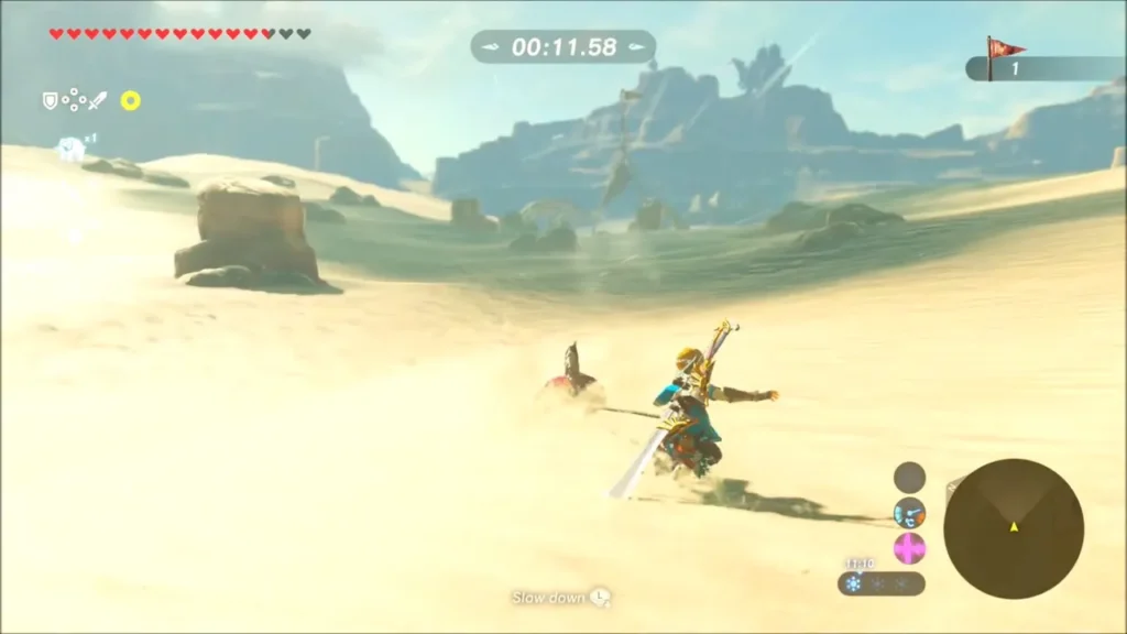 Link riding his shield behind the seal on an open dune stretch Link riding his shield behind the seal on an open dune stretch