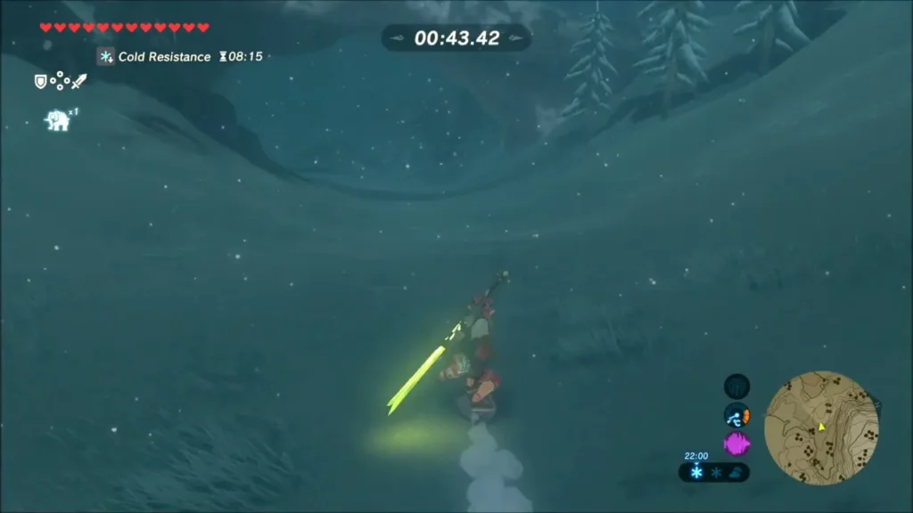 Link riding a shield through a snowy hollow lined with pines Link riding a shield through a snowy hollow lined with pines