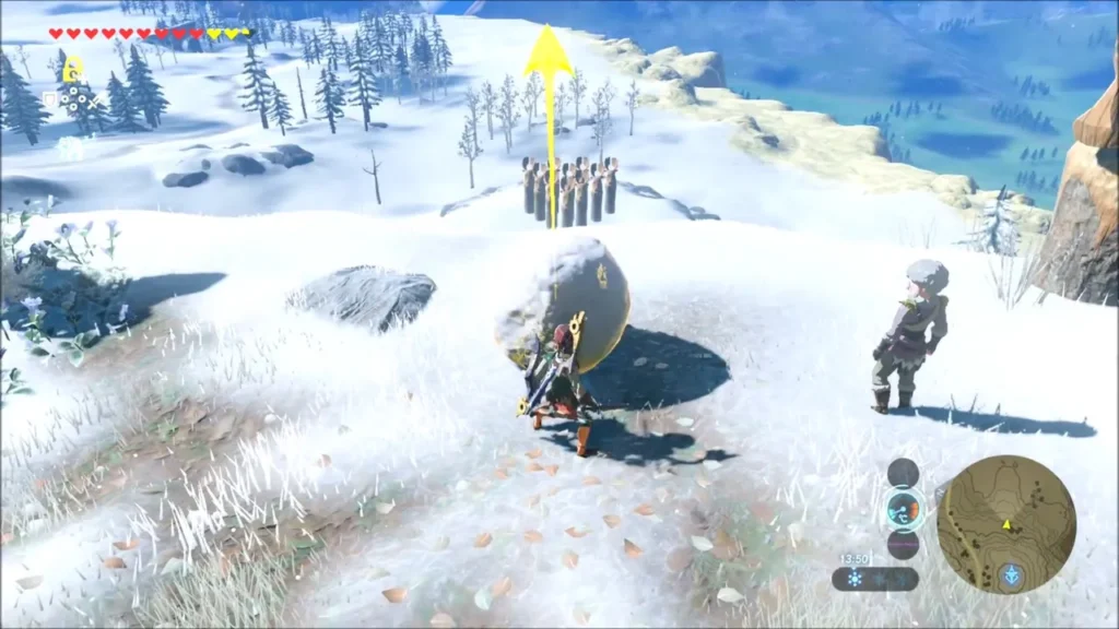 Link holding the snowball and aiming at the pins down the hill with Pondo beside him Link holding the snowball and aiming at the pins down the hill with Pondo beside him