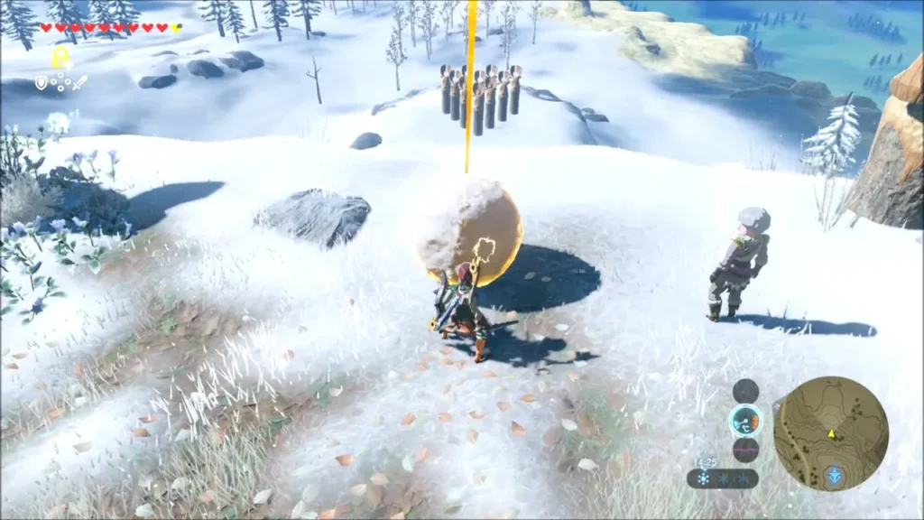 Link aiming the snowball toward all ten pins Link aiming the snowball toward all ten pins