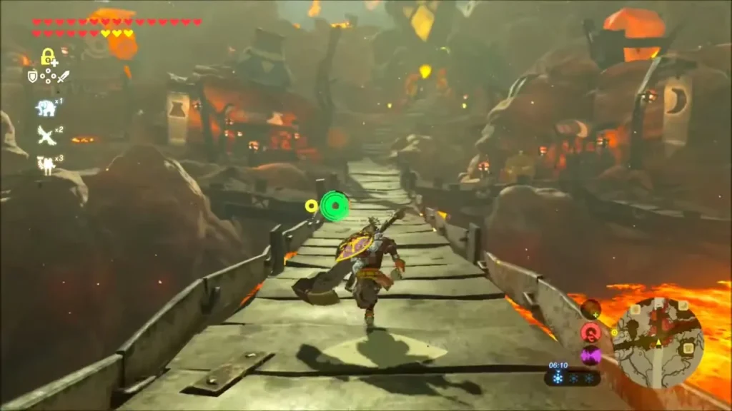 Link running across a small bridge over lava in Goron City Link running across a small bridge over lava in Goron City