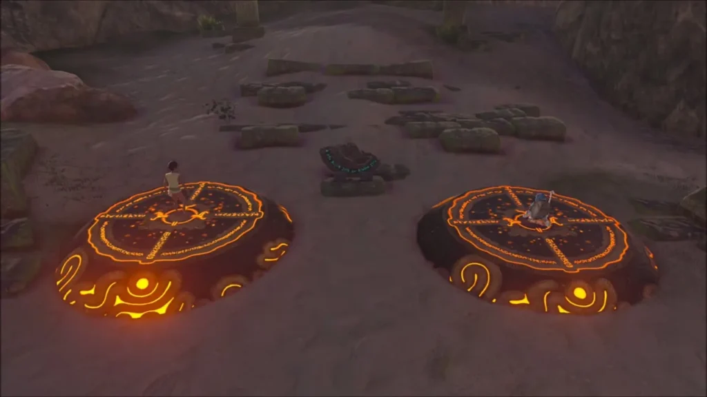 Two orange glowing platforms with Link and Garini each kneeling on one Two orange glowing platforms with Link and Garini each kneeling on one