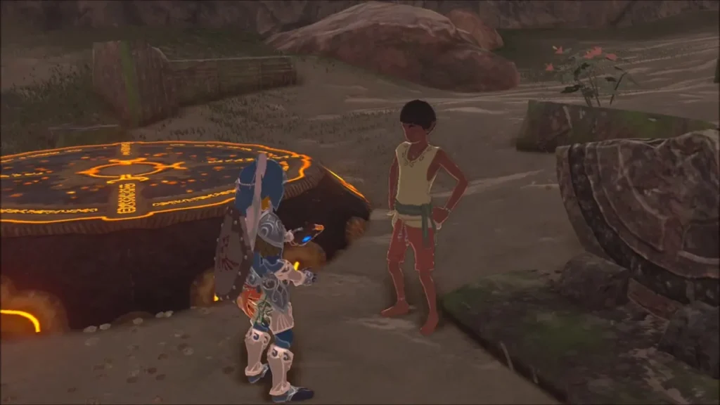 Link standing with Garini beside the glowing orange platforms Link standing with Garini beside the glowing orange platforms
