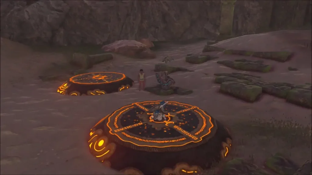 Link crouched on a glowing orange platform with the second platform behind Link crouched on a glowing orange platform with the second platform behind