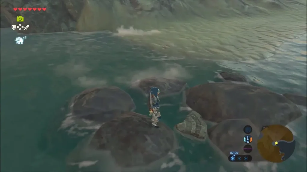 Link standing on rocks in the shallows near the stone fragment Link standing on rocks in the shallows near the stone fragment