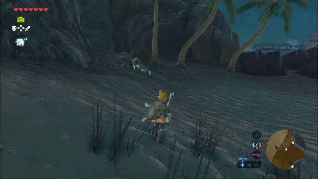 Link walking along the rock wall on the beach at night Link walking along the rock wall on the beach at night