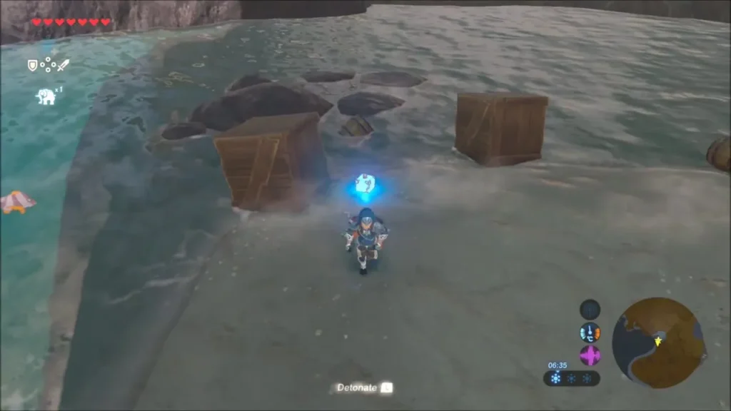 Link in the shallows among wooden crates and a floating barrel Link in the shallows among wooden crates and a floating barrel