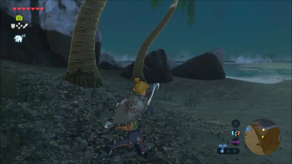 Link beside leaning palm trees below the rock wall at night Link beside leaning palm trees below the rock wall at night
