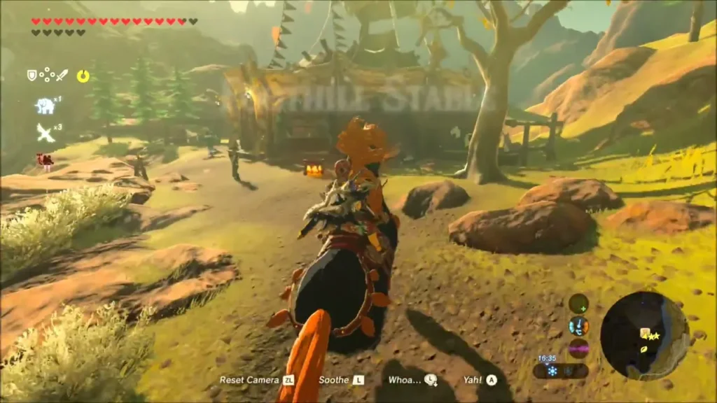 Link riding toward Foothill Stable beneath the autumn hills Link riding toward Foothill Stable beneath the autumn hills