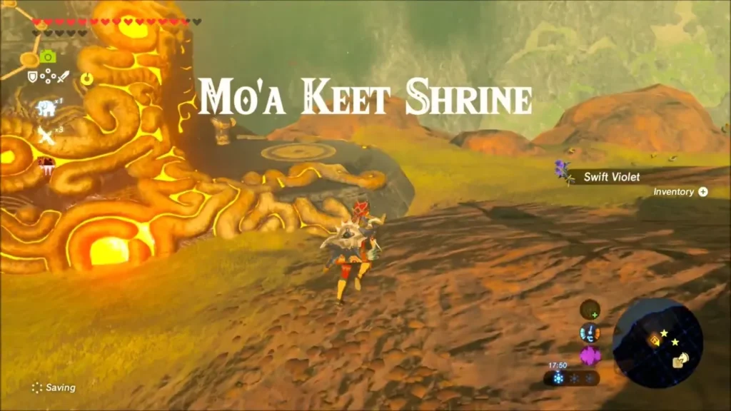 Link reaching Mo'a Keet Shrine, its name shown on screen Link reaching Mo'a Keet Shrine, its name shown on screen